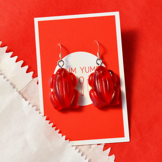 Red frog lolly novelty earrings made from resin