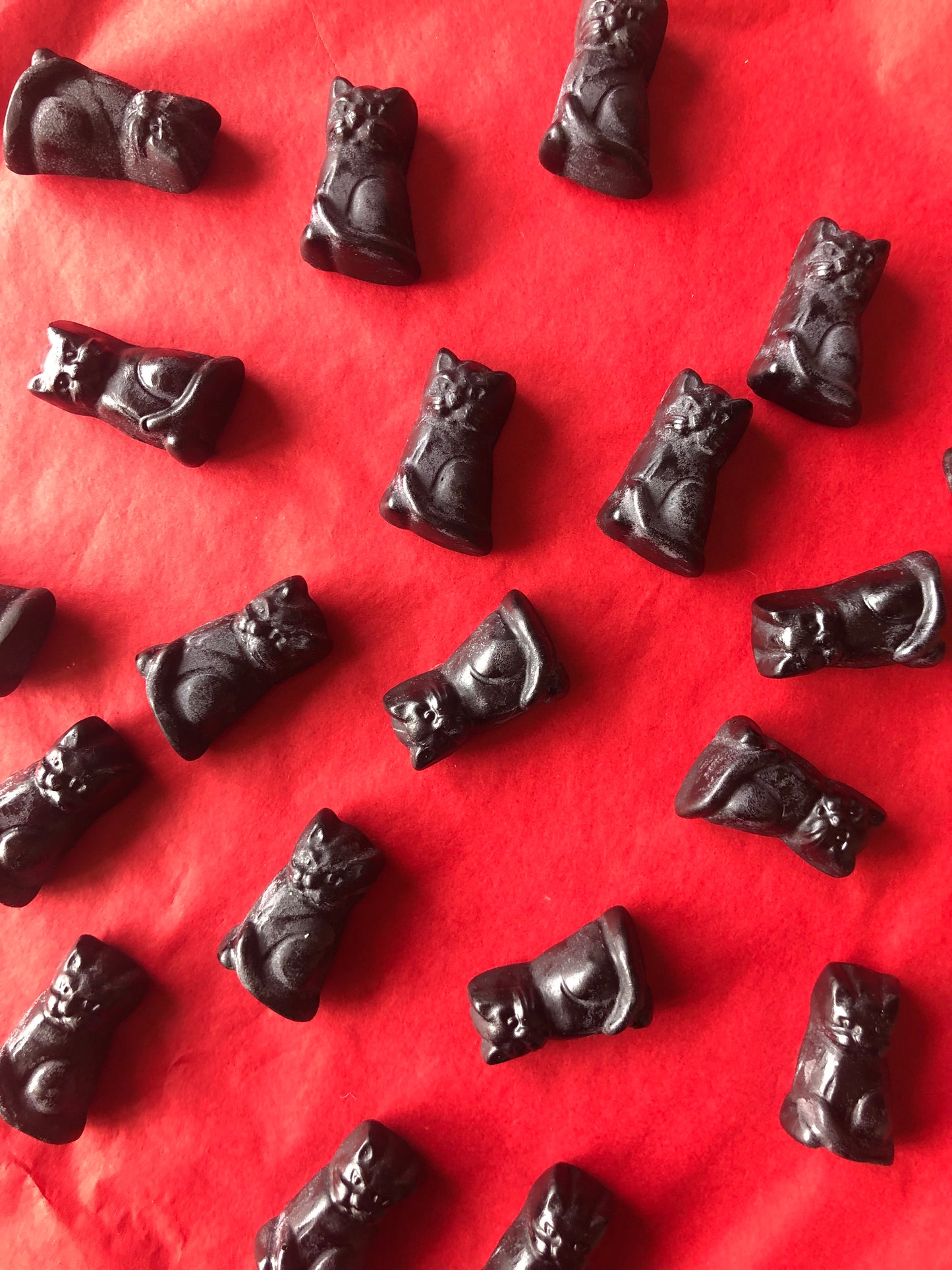 Multiple Black cat lolly novelty earrings made from resin on a red background